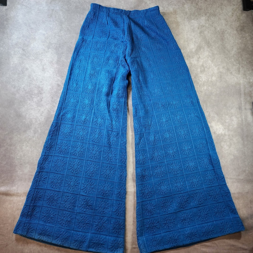 Vintage Blue Wool Blend Textured Grid Knit Wide Leg Palazzo Pants Women Medium